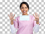 PNG Cropped portrait of an attractive young female healthcare worker holding up a mask in studio against a grey background