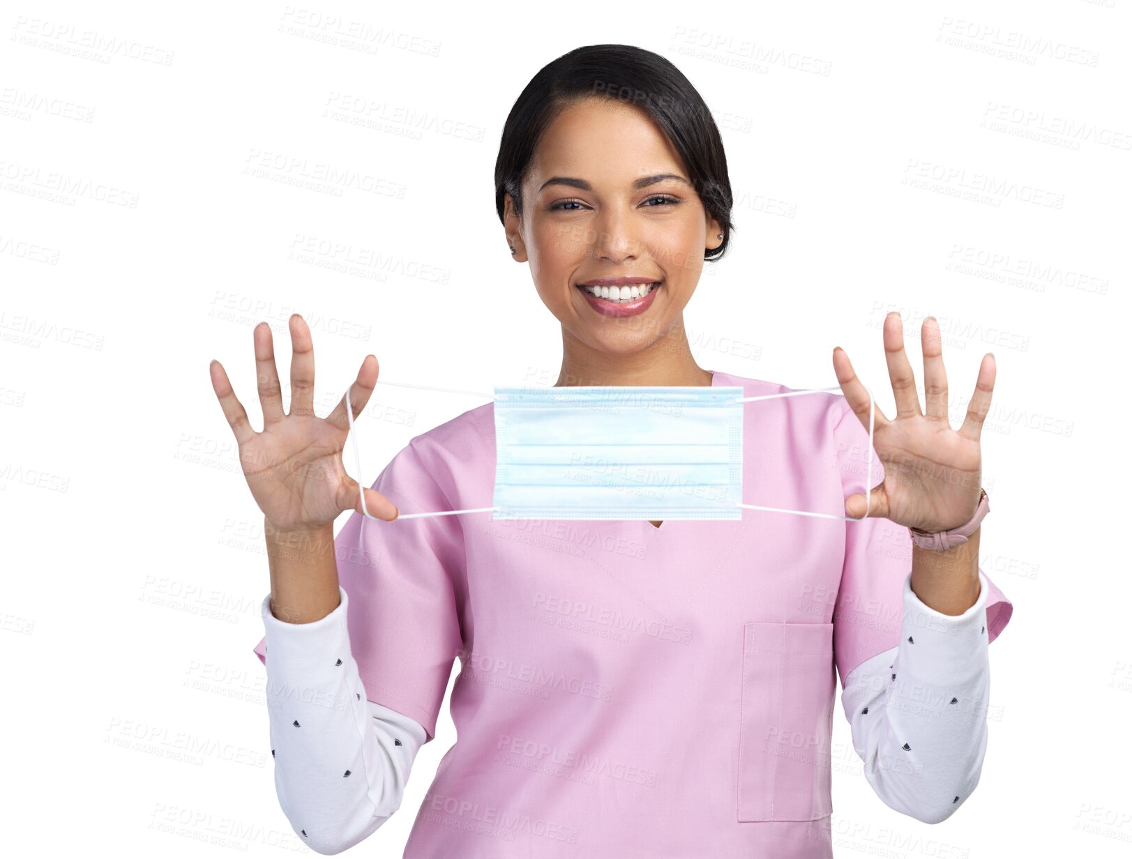 Buy stock photo Smile, nurse and face mask with portrait of woman on transparent background for virus, protection and medicine. Healthcare, safety and medical with person isolated on png for surgery and bacteria