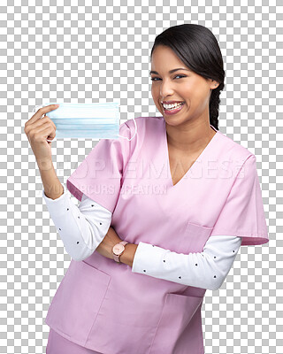 Buy stock photo Healthcare, nurse and face mask with portrait of woman on transparent background for virus, protection and medicine. Medical, safety and wellness with person isolated on png for surgery and bacteria