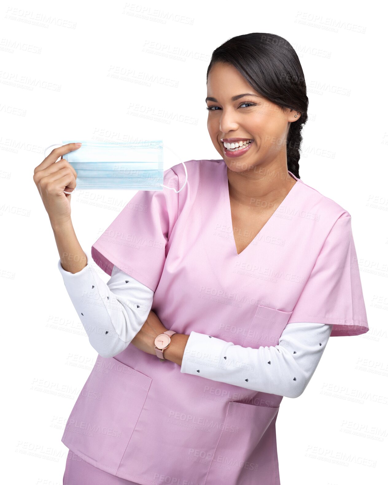 Buy stock photo Healthcare, nurse and face mask with portrait of woman on transparent background for virus, protection and medicine. Medical, safety and wellness with person isolated on png for surgery and bacteria