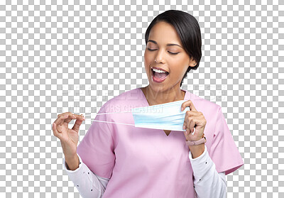 Buy stock photo Mask removal, happy and woman nurse with safety gear and smile with string. Healthcare, female professional and silly worker isolated on a transparent, png background with virus prevention masks