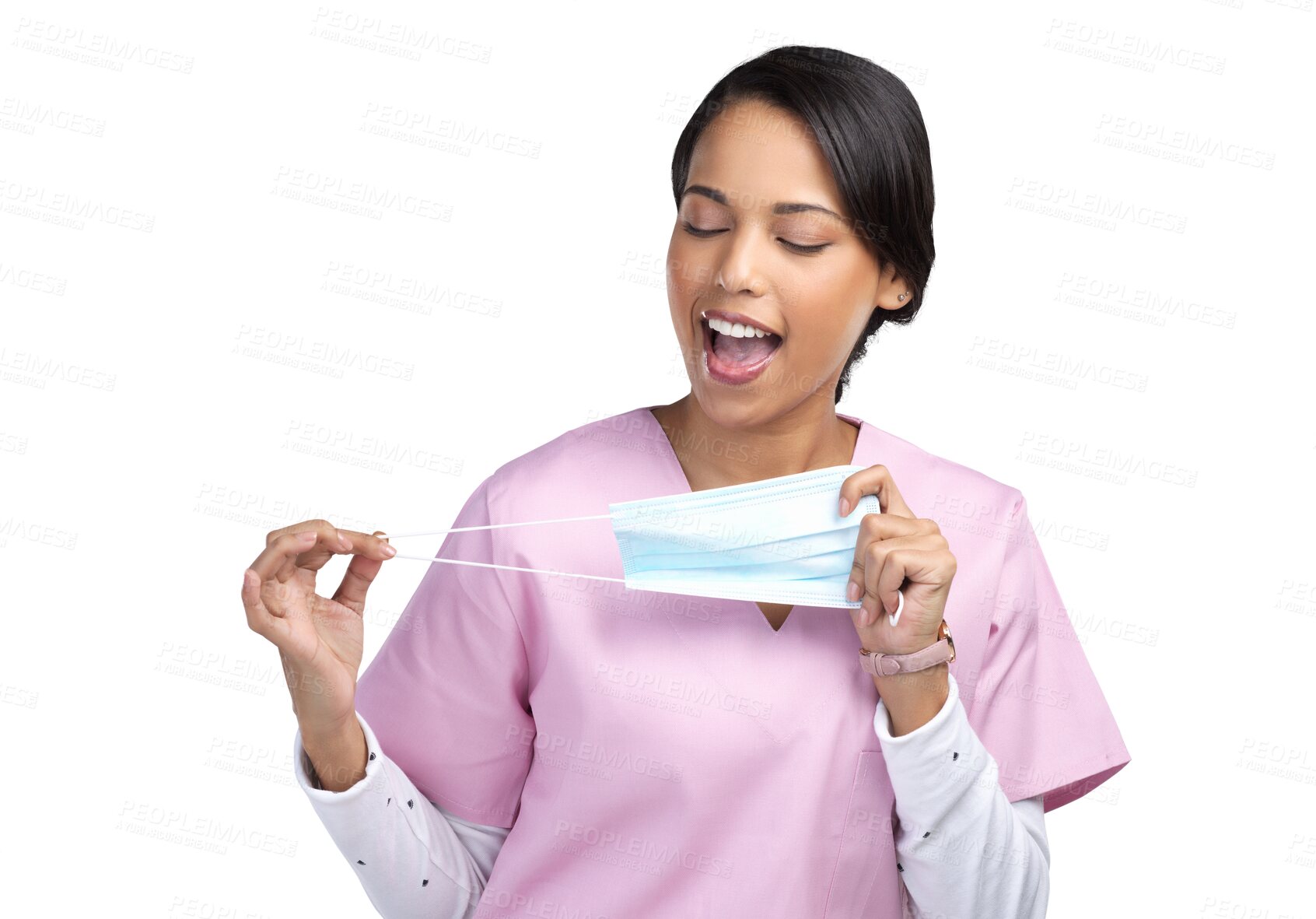 Buy stock photo Mask removal, happy and woman nurse with safety gear and smile with string. Healthcare, female professional and silly worker isolated on a transparent, png background with virus prevention masks