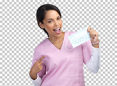 Buy stock photo Happy woman, portrait and nurse pointing to mask in healthcare isolated on a transparent PNG background. Female person, doctor or medical professional smiling with finger point for safety protection