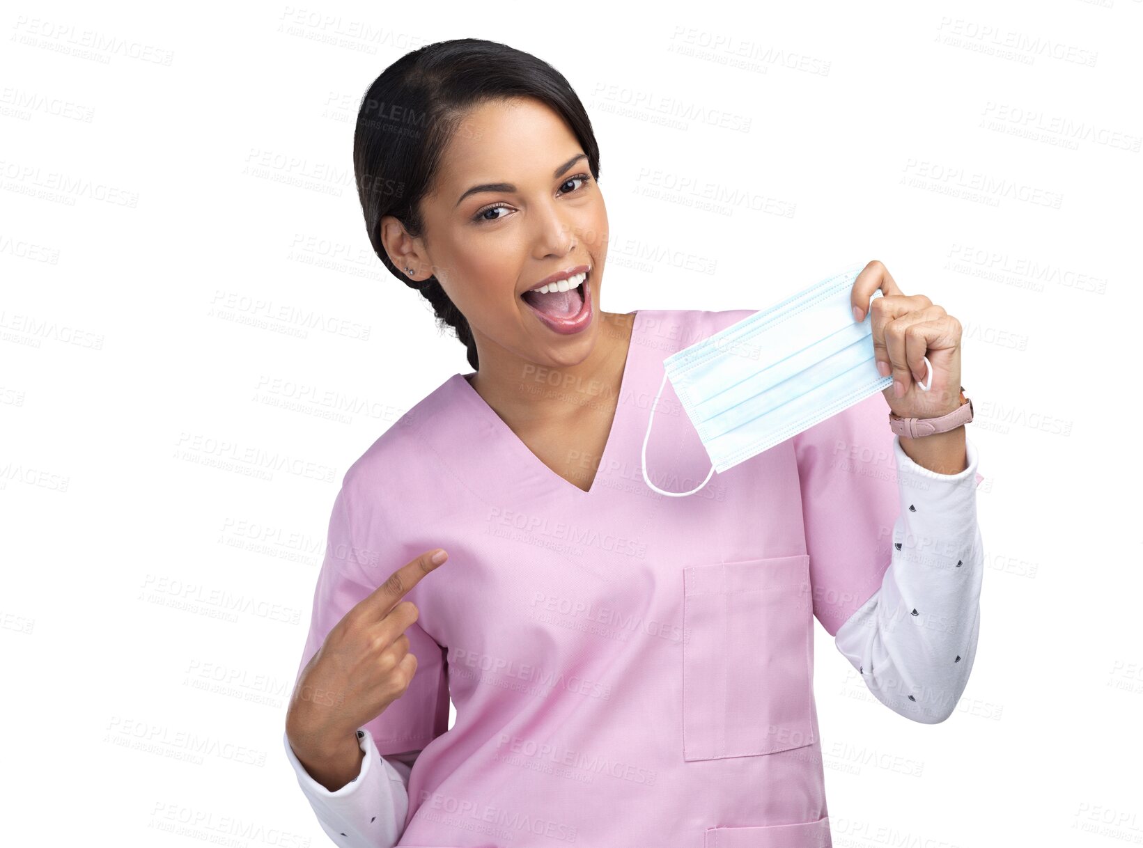 Buy stock photo Happy woman, portrait and nurse pointing to mask in healthcare isolated on a transparent PNG background. Female person, doctor or medical professional smiling with finger point for safety protection