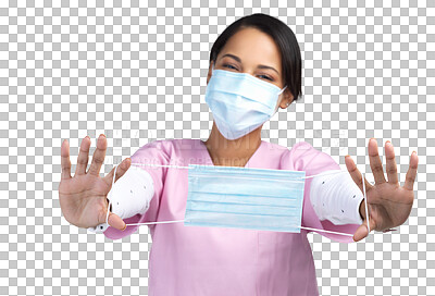 Buy stock photo Portrait, nurse and offer with woman and face mask on transparent background for virus, protection and medicine. Healthcare, medical and wellness with person isolated on png for surgery and bacteria