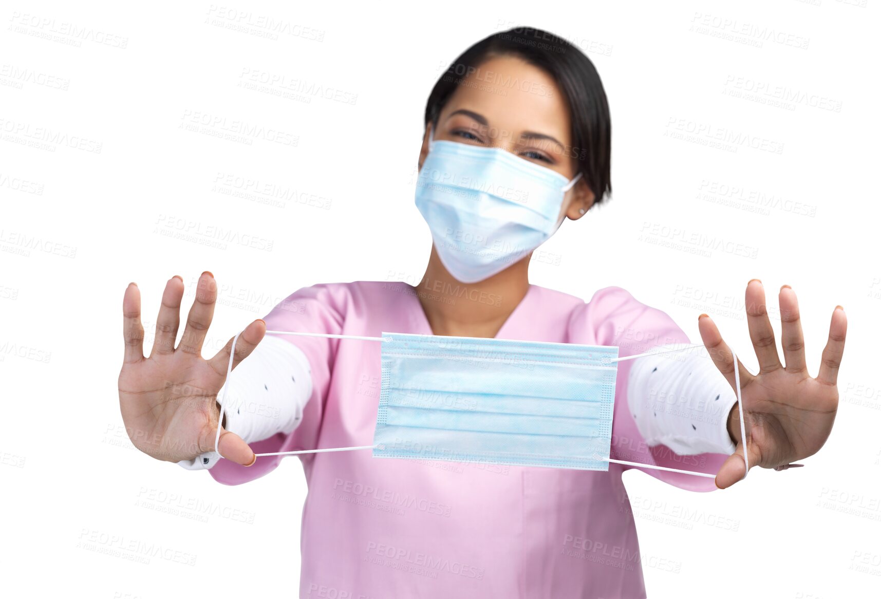 Buy stock photo Portrait, nurse and offer with woman and face mask on transparent background for virus, protection and medicine. Healthcare, medical and wellness with person isolated on png for surgery and bacteria