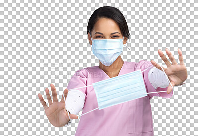 Buy stock photo Face mask, nurse and help with portrait of woman on transparent background for virus, protection and medicine. Healthcare, safety and medical with person isolated on png for ppe, surgery and bacteria