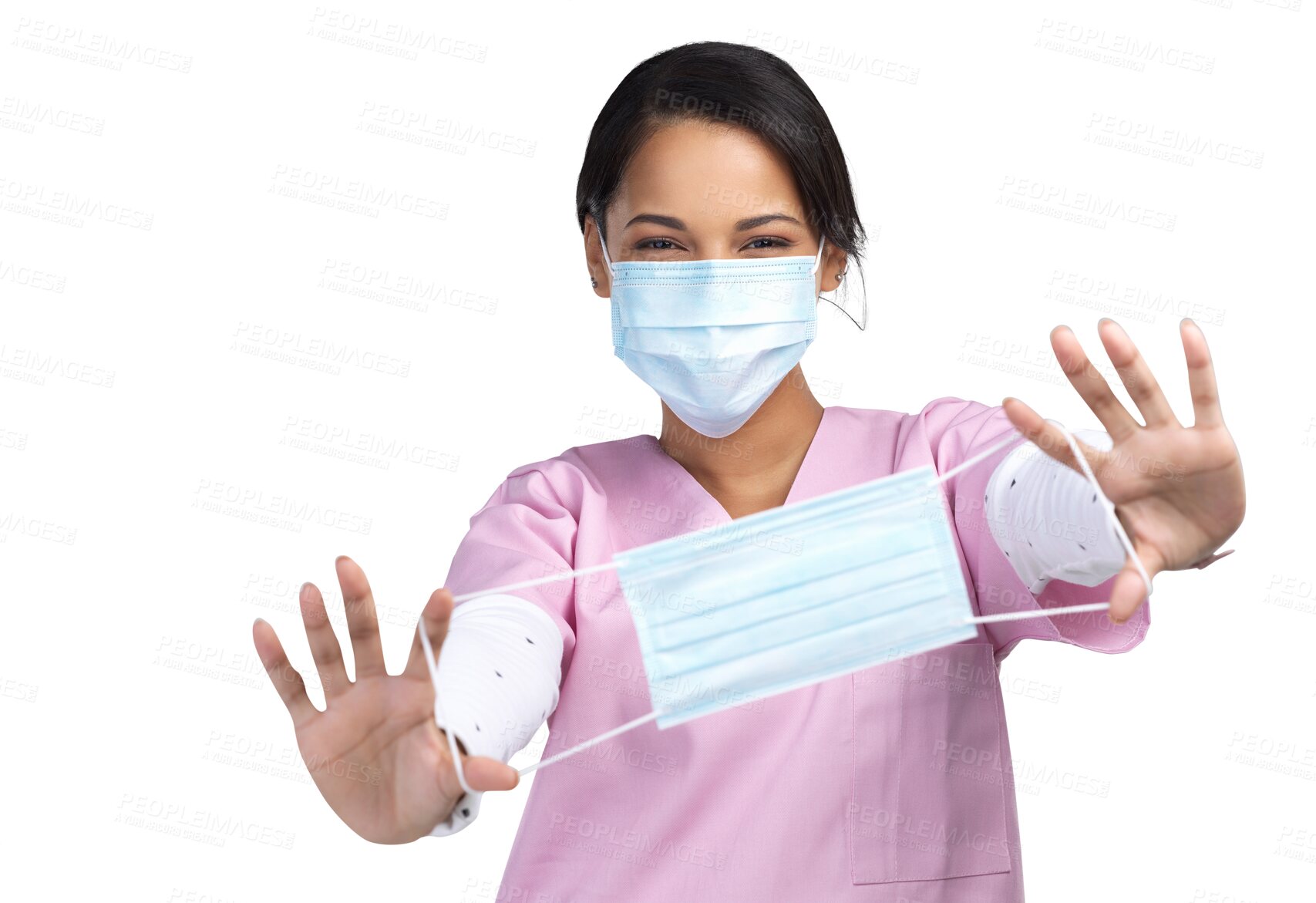 Buy stock photo Face mask, nurse and help with portrait of woman on transparent background for virus, protection and medicine. Healthcare, safety and medical with person isolated on png for ppe, surgery and bacteria