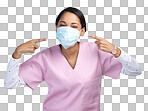 PNG cropped portrait of an attractive young female healthcare worker wearing and pointing towards a mask while standing in studio against a grey background