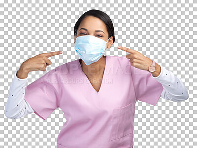 Buy stock photo Pointing, nurse and face mask with portrait of woman on transparent background for virus, protection and instruction. Healthcare, safety or medical with person isolated on png for surgery and hygiene