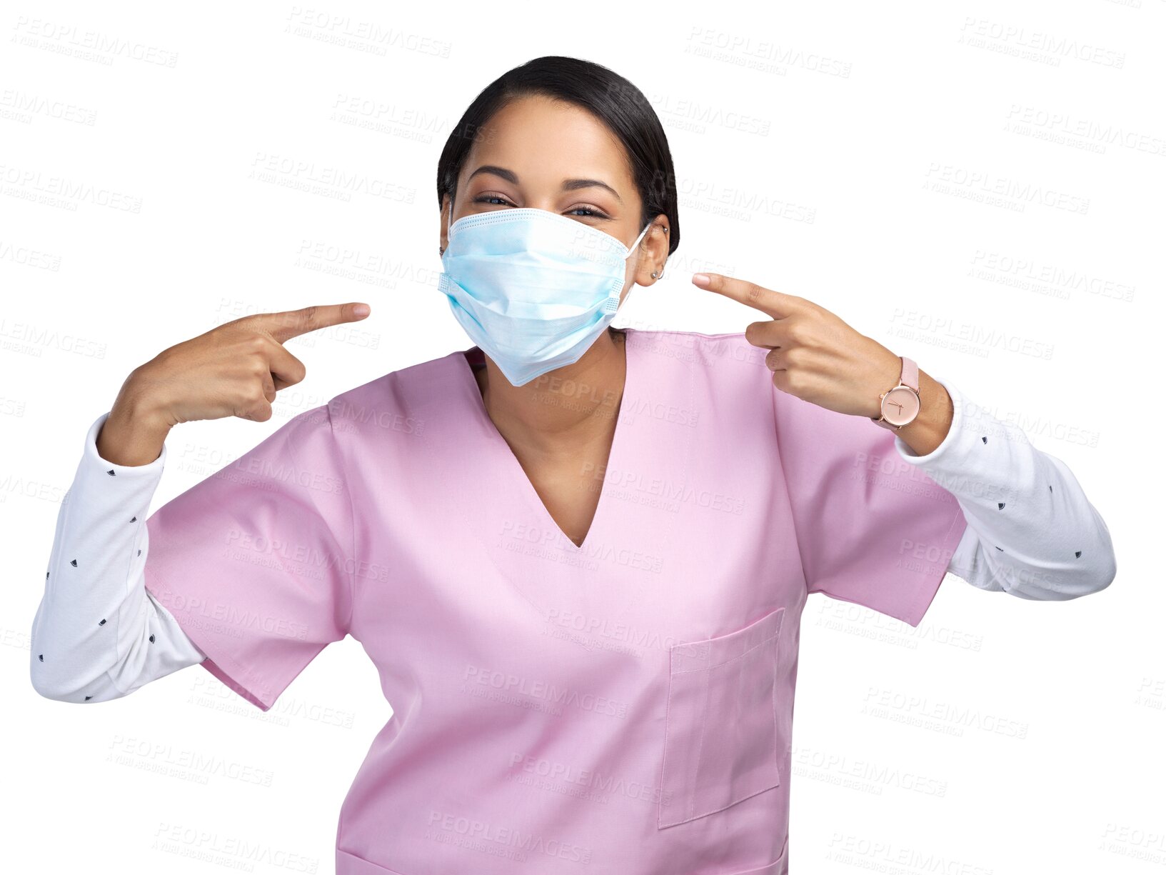 Buy stock photo Pointing, nurse and face mask with portrait of woman on transparent background for virus, protection and instruction. Healthcare, safety or medical with person isolated on png for surgery and hygiene