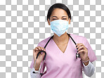 PNG cropped portrait of an attractive young female healthcare worker wearing a mask and stethoscope while standing in studio against a grey background