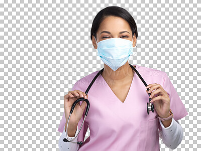 Buy stock photo Face mask, woman and nurse portrait with stethoscope for professional care and wellness. Female employee, healthcare and virus safety gear isolated on a transparent, png background for medical work