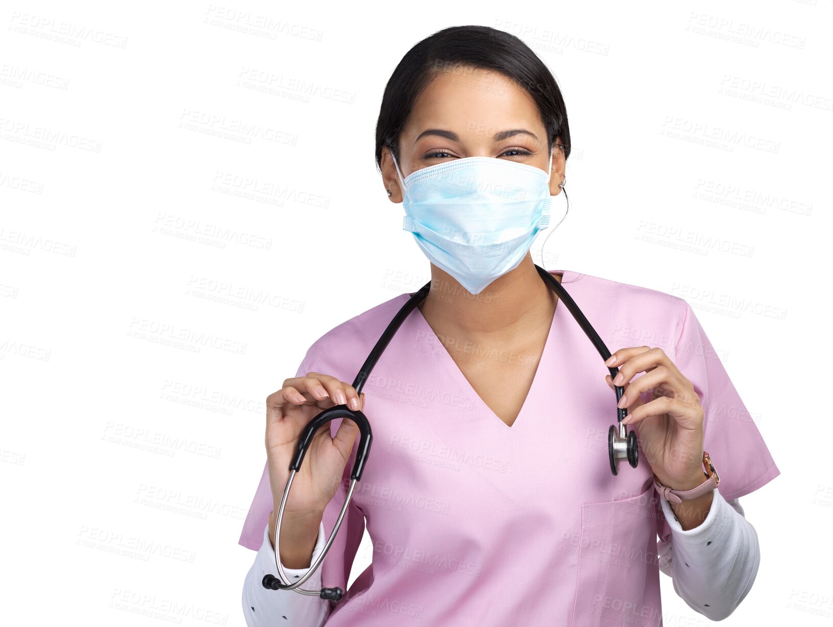 Buy stock photo Face mask, woman and nurse portrait with stethoscope for professional care and wellness. Female employee, healthcare and virus safety gear isolated on a transparent, png background for medical work