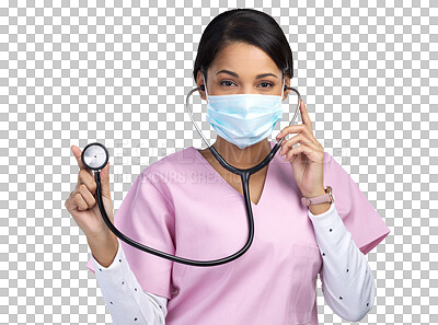 Buy stock photo Face mask, woman and checking portrait with stethoscope with professional nurse for health. Female employee, healthcare and virus safety gear isolated on a transparent, png background for clinic work