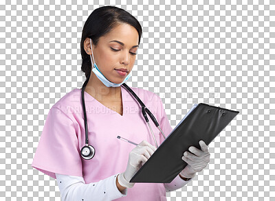 Buy stock photo Nurse, woman and writing on clipboard with health info isolated on a transparent, png background. Virus safety gear, protocol document and clinic information with a female healthcare professional