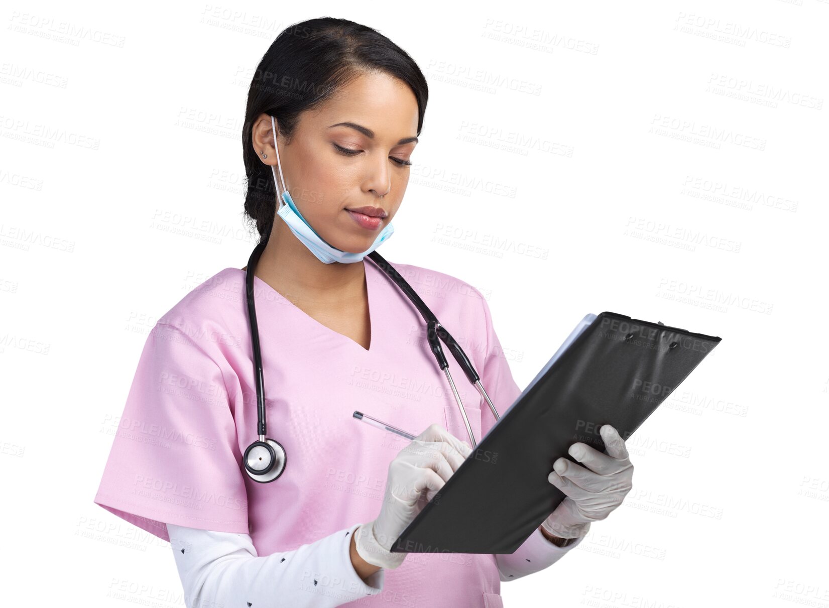 Buy stock photo Nurse, woman and writing on clipboard with health info isolated on a transparent, png background. Virus safety gear, protocol document and clinic information with a female healthcare professional