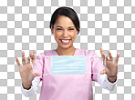 PNG cropped portrait of an attractive young female healthcare worker holding up a mask in studio against a grey background