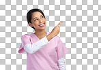 PNG cropped shot of an attractive young female healthcare worker pointing towards copyspace in studio against a grey background