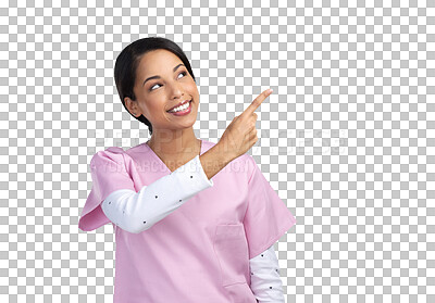 Buy stock photo Pointing, nurse and portrait of woman for advertising on isolated, PNG and transparent background. Healthcare, hospital and female person with hand gesture for medical service, promotion and support