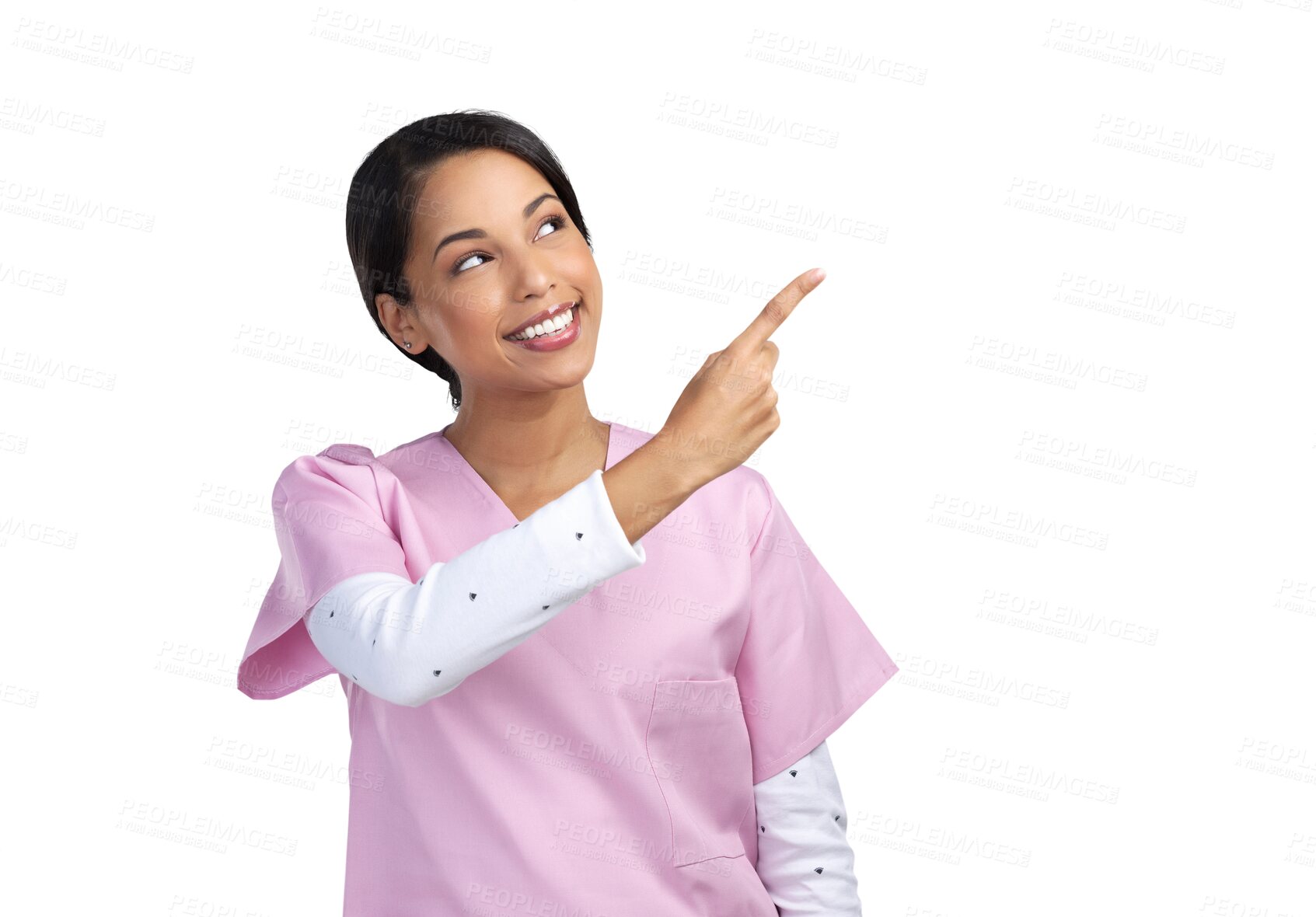 Buy stock photo Pointing, nurse and portrait of woman for advertising on isolated, PNG and transparent background. Healthcare, hospital and female person with hand gesture for medical service, promotion and support