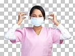 PNG cropped portrait of an attractive young female healthcare worker wearing a mask and standing in studio against a grey background