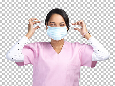 Buy stock photo Medical, nurse and face mask with portrait of woman on transparent background for virus, protection and medicine. Healthcare, safety and covid with person isolated on png for ppe, surgery or bacteria