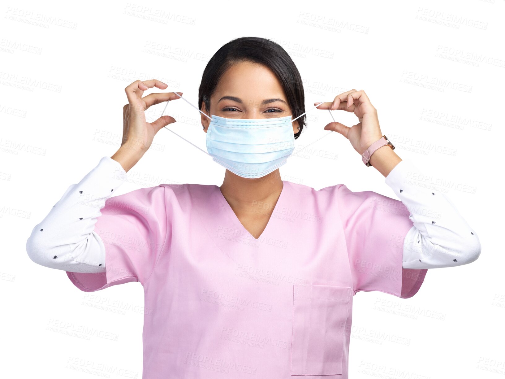 Buy stock photo Medical, nurse and face mask with portrait of woman on transparent background for virus, protection and medicine. Healthcare, safety and covid with person isolated on png for ppe, surgery or bacteria