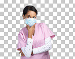 PNG cropped shot of an attractive young female healthcare worker wearing a mask and looking thoughtful in studio against a grey background