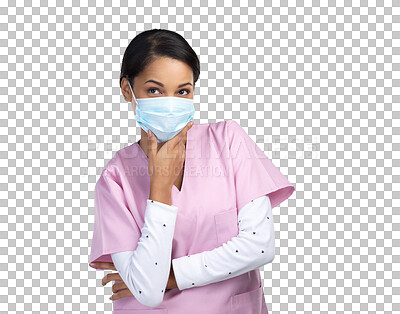 Buy stock photo Medical, nurse and face mask woman and thinking on transparent background for virus, focus and medicine. Healthcare, safety and wellness with person isolated on png for ppe, surgery and idea