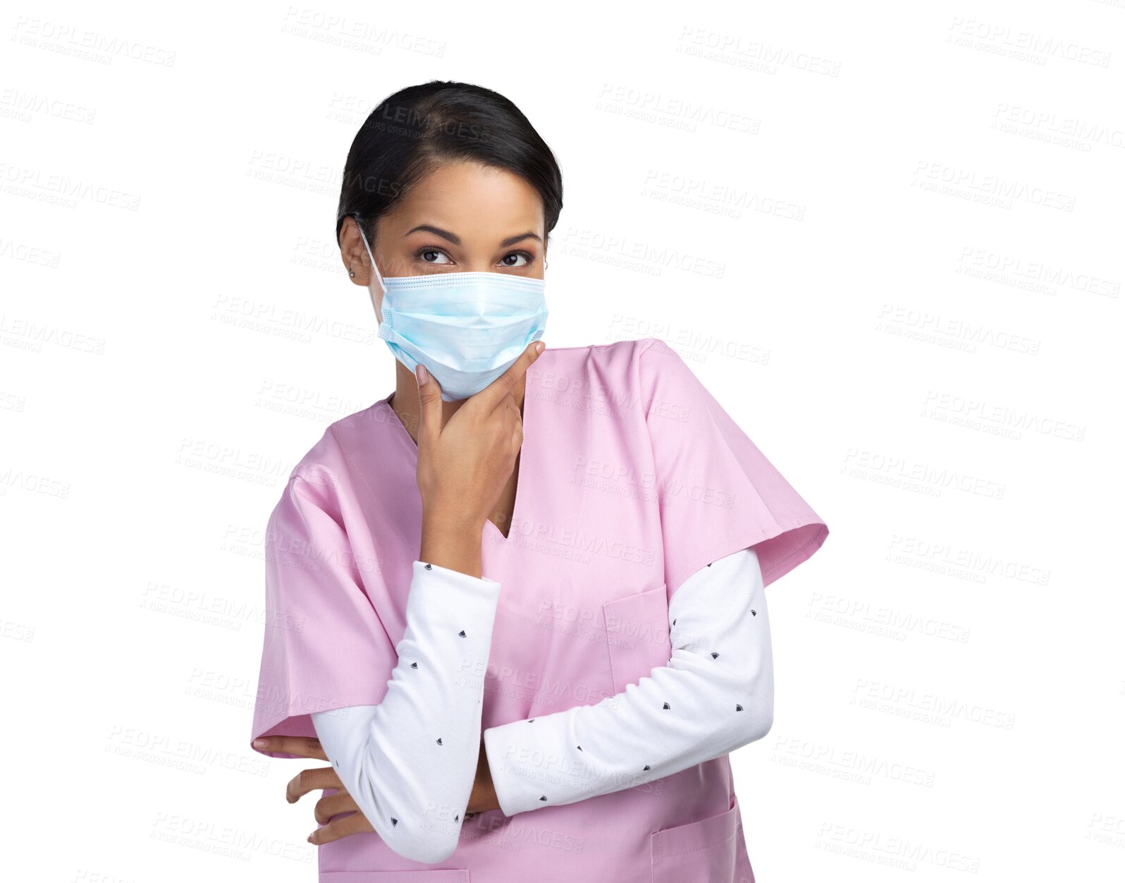 Buy stock photo Medical, nurse and face mask woman and thinking on transparent background for virus, focus and medicine. Healthcare, safety and wellness with person isolated on png for ppe, surgery and idea