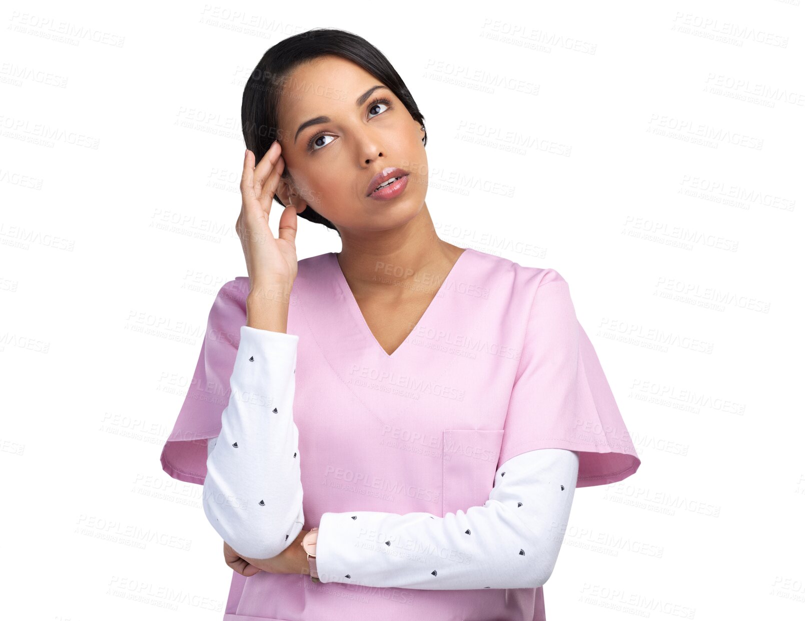 Buy stock photo Nurse, stress and woman with anxiety and professional burnout isolated on a transparent, png background. Healthcare, nursing and female professional with headache and thinking about clinic fail