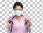 PNG cropped portrait of an attractive young female healthcare worker wearing a mask and stethoscope while standing in studio against a grey background