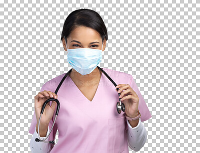 Buy stock photo Face mask, woman nurse and job portrait with stethoscope for professional care and wellness. Female employee, healthcare and virus safety gear isolated on transparent, png background for medical work