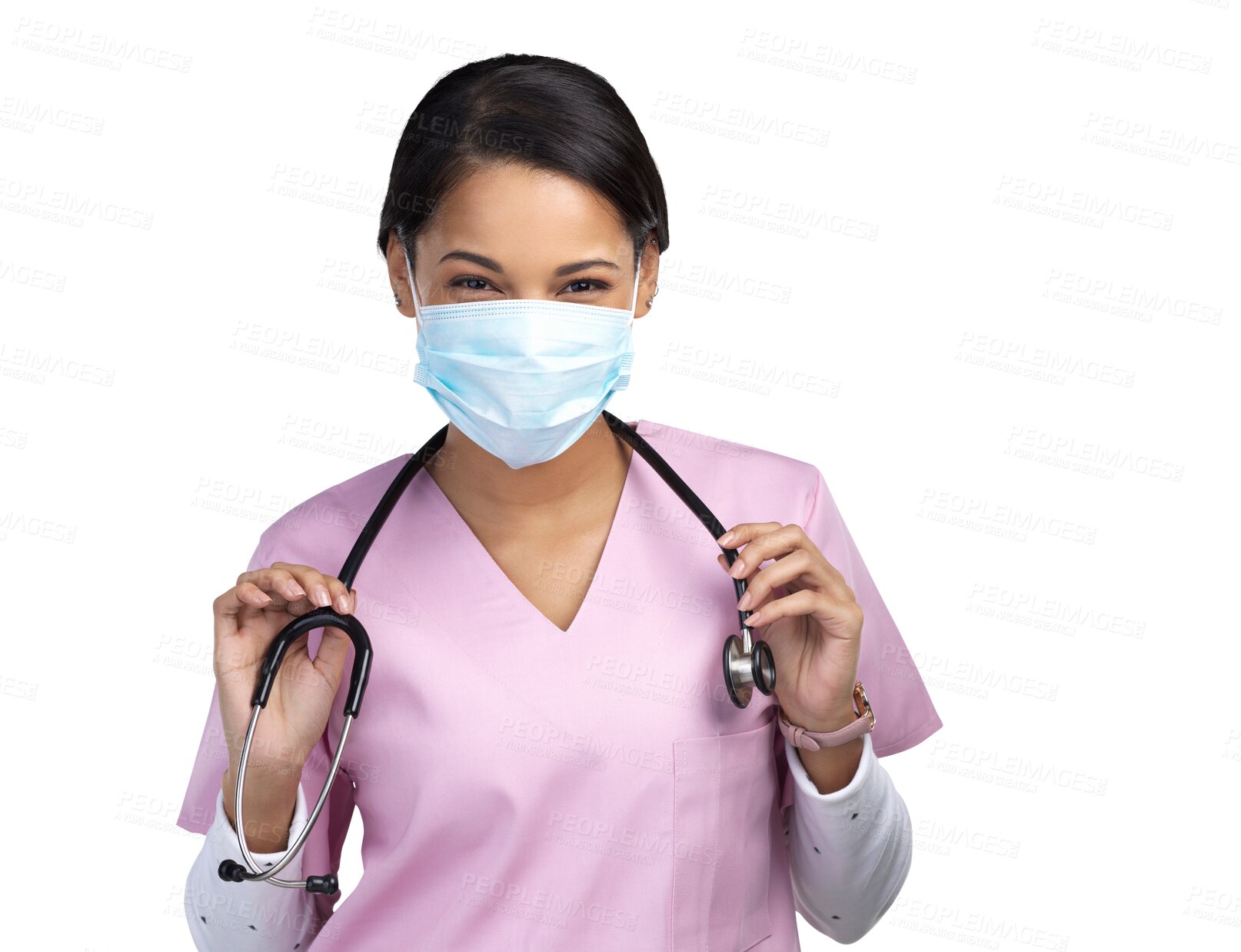 Buy stock photo Face mask, woman nurse and job portrait with stethoscope for professional care and wellness. Female employee, healthcare and virus safety gear isolated on transparent, png background for medical work