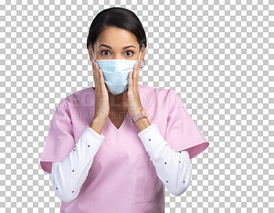 Buy stock photo Nurse, face mask ad woman shock portrait from news and covid safety announcement. Young, female professional and nursing clinic worker isolated on a transparent, png background feeling surprise