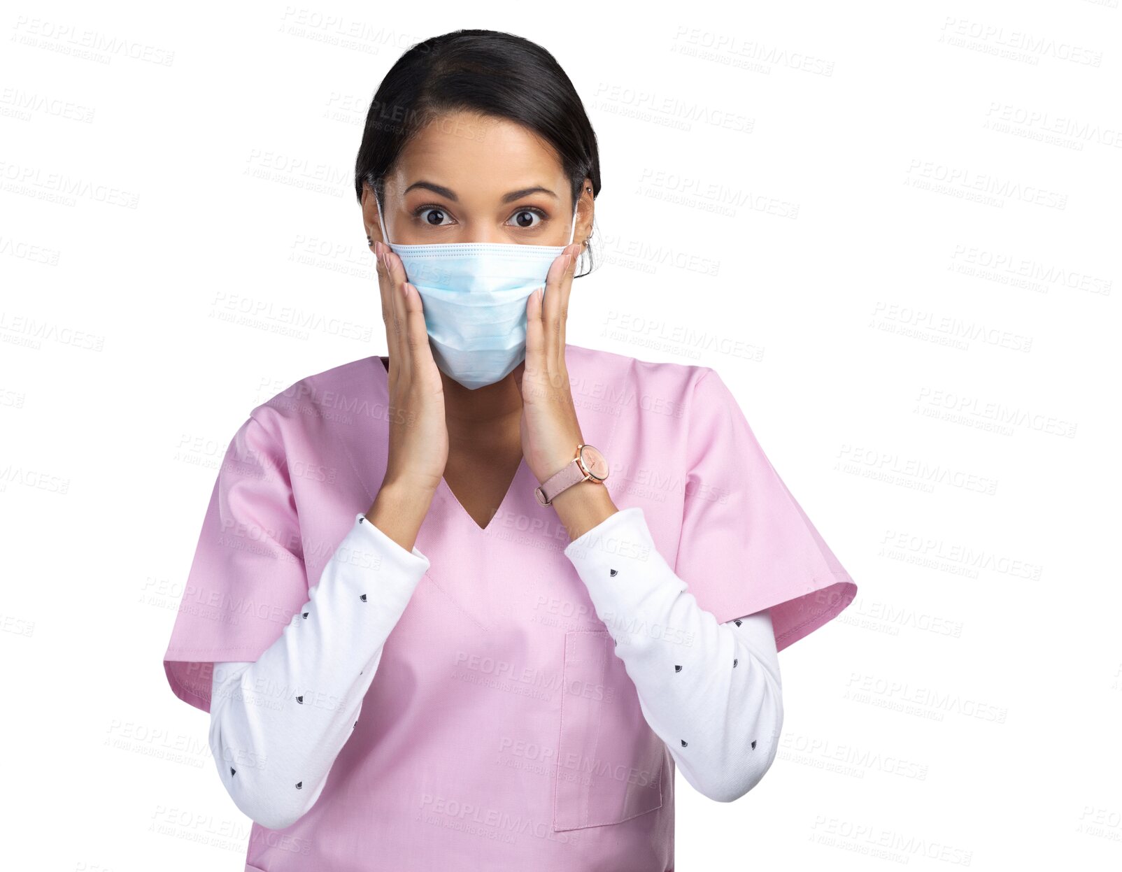 Buy stock photo Nurse, face mask ad woman shock portrait from news and covid safety announcement. Young, female professional and nursing clinic worker isolated on a transparent, png background feeling surprise