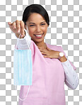 PNG cropped portrait of an attractive young female healthcare worker holding up a mask in studio against a grey background