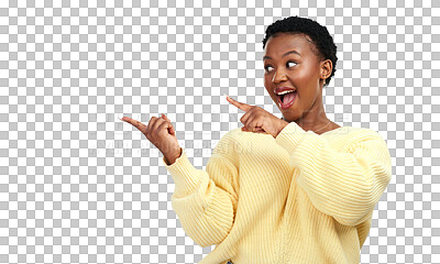 Buy stock photo Woman, happy and pointing to announcement, promo and sale feeling excited. African female person, advertising and smile isolated on a transparent, png background with hand sign to sale and marketing