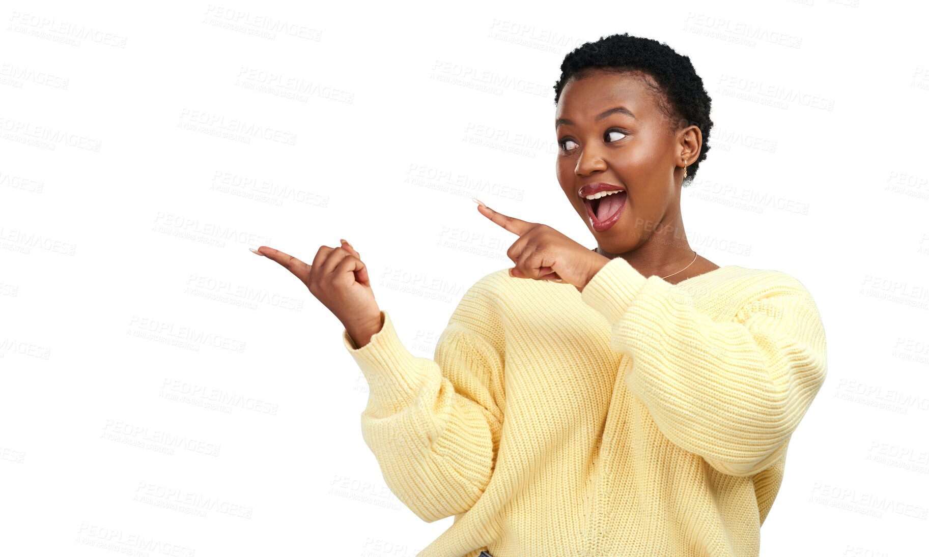 Buy stock photo Woman, happy and pointing to announcement, promo and sale feeling excited. African female person, advertising and smile isolated on a transparent, png background with hand sign to sale and marketing