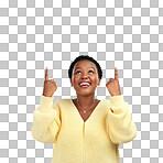 PNG shot of a young woman pointing at copy-space while posing against a grey background