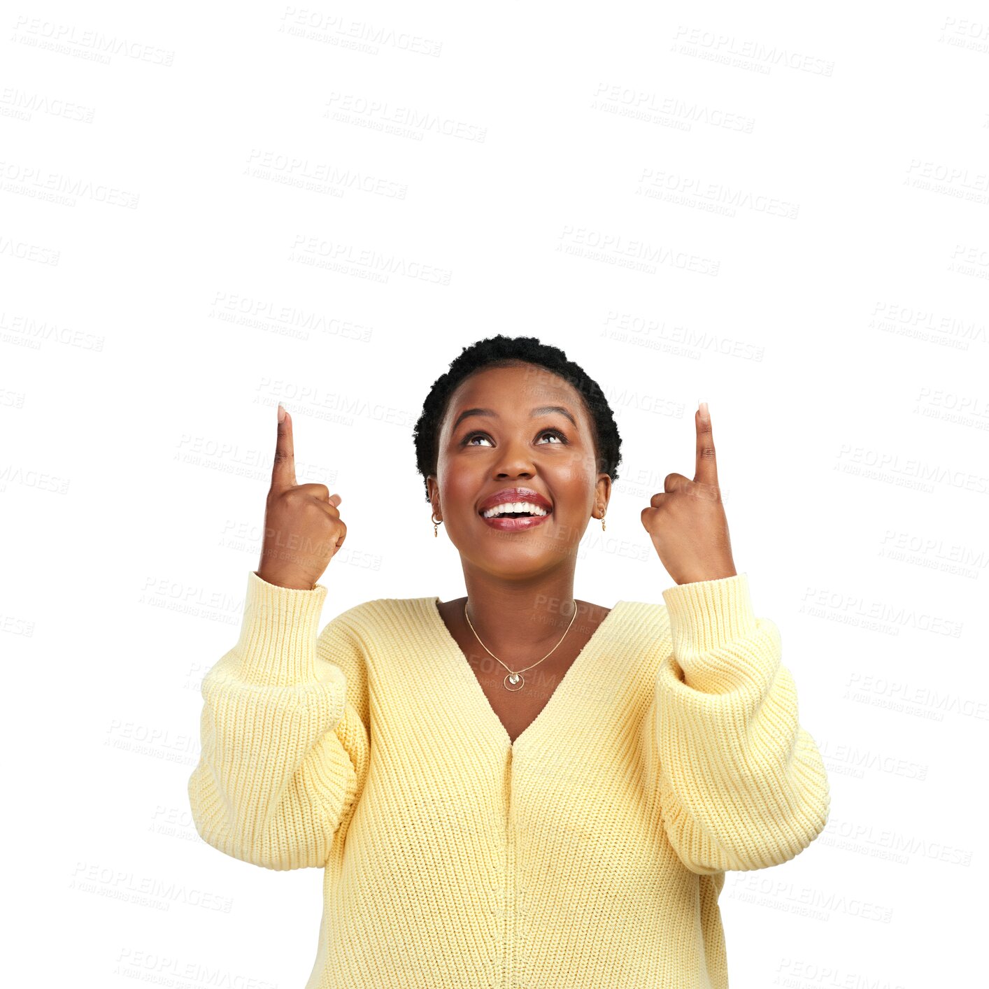 Buy stock photo Woman, hands pointing up and smile for sale, promo suggestion and advertising. African female person, happy and sale choice isolated on a transparent, png background showing deal announcement