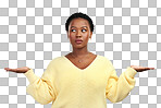 PNG shot of a young woman holding up her hands while standing against a grey background