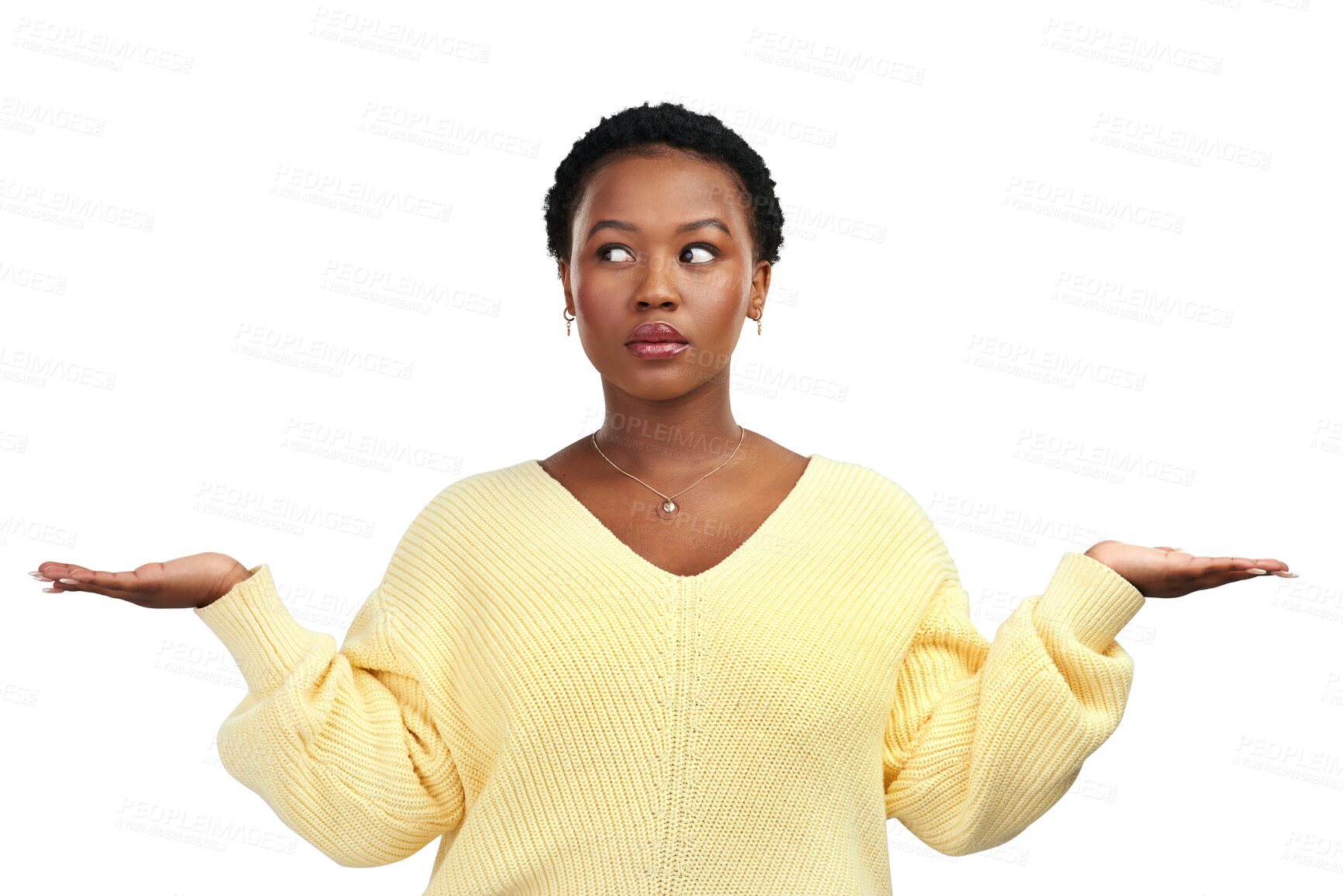 Buy stock photo Woman thinking, hand and choice with open palm for deal, suggestion and options. Serious idea, African female person and hands showing decision with balance and scale gesture for pros and cons