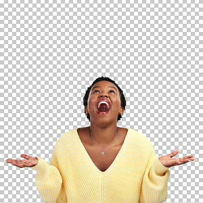 Buy stock photo Excited, woman and scream from shock and smile looking up at announcement and deal. Happy, african female person and open hands isolated on a transparent, png background with surprise from sale