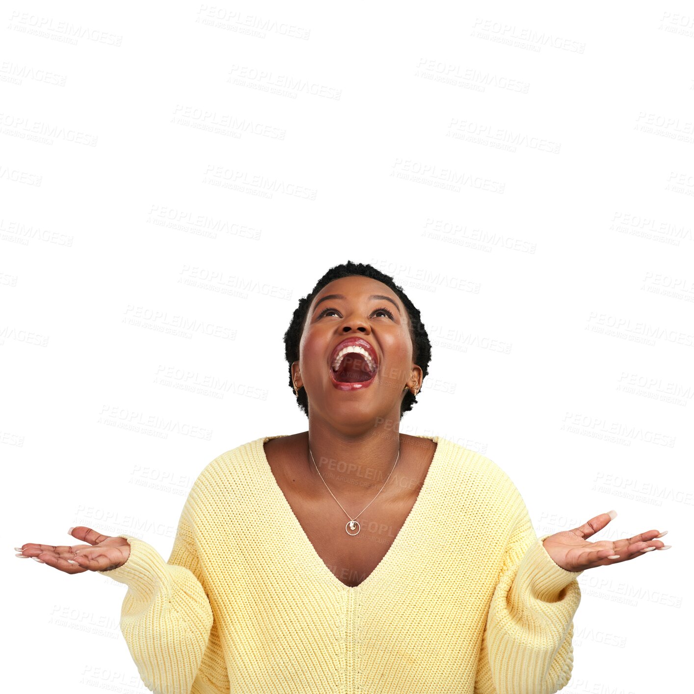 Buy stock photo Excited, woman and scream from shock and smile looking up at announcement and deal. Happy, african female person and open hands isolated on a transparent, png background with surprise from sale