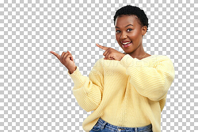 Buy stock photo Woman, happy portrait and pointing to announcement, promo and sale feeling excited. African female person, advertising and smile isolated on transparent, png background with sale choice and decision