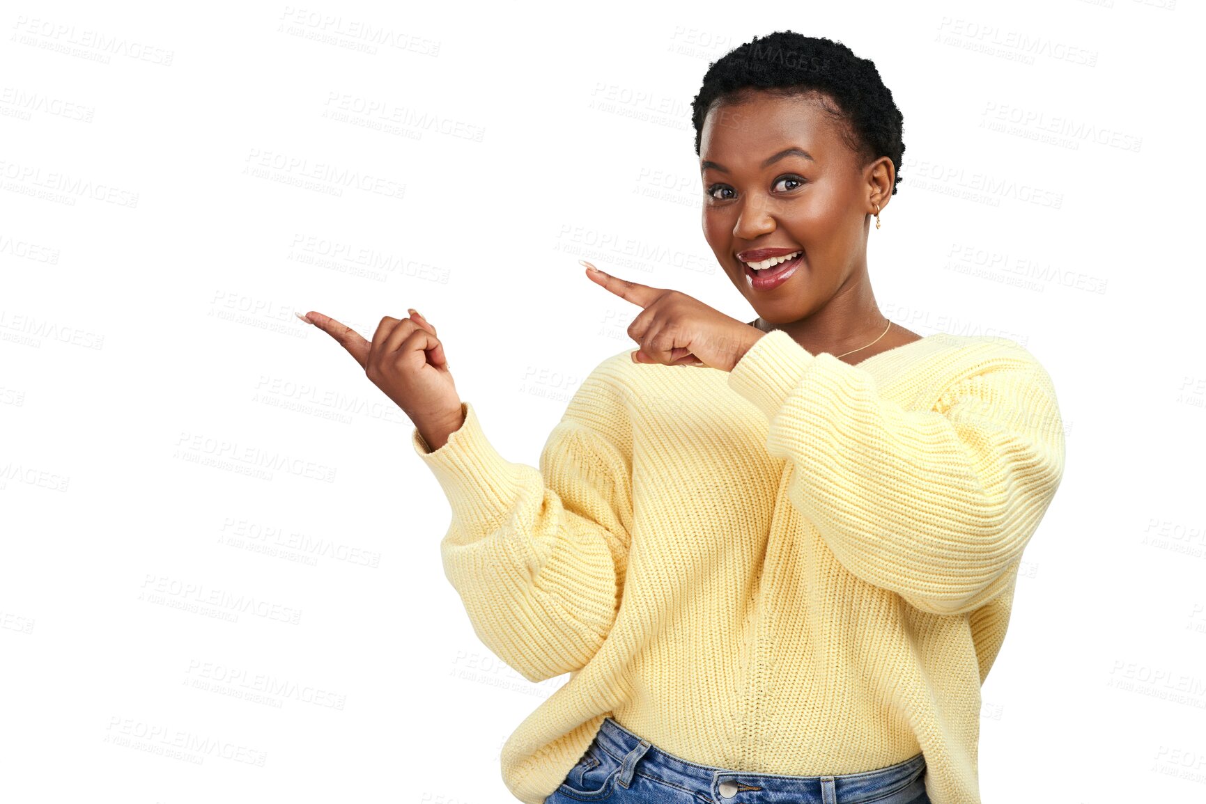 Buy stock photo Woman, happy portrait and pointing to announcement, promo and sale feeling excited. African female person, advertising and smile isolated on transparent, png background with sale choice and decision