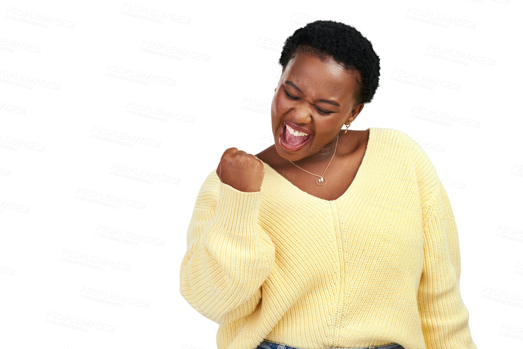 Buy stock photo Yes, celebration and fist of woman from winning isolated on a transparent, png background. African female person, smile and happy from winner motivation and proud feeling excited to celebrate