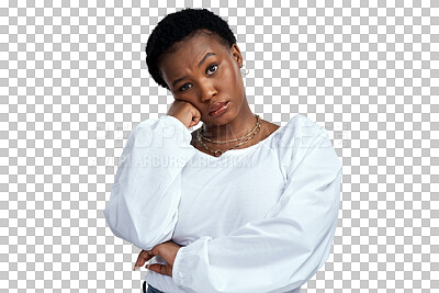Buy stock photo Black woman, bored and portrait with fatigue isolated on a transparent, png background. African female person, sad and disappointed from fail or problem feeling frustrated from mental health issue